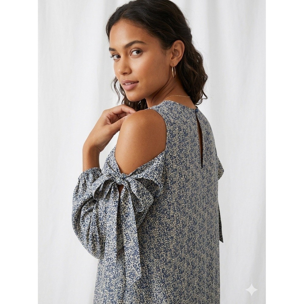 Robert Rodriguez 100% Silk Floral Cold Shoulder Dress Tie Sleeve Blue Cream 4